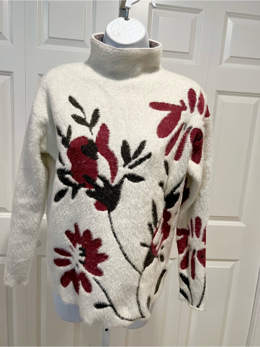 Max Studio Cozy Floral Turtleneck Sweater - Cream with Burgundy & Black